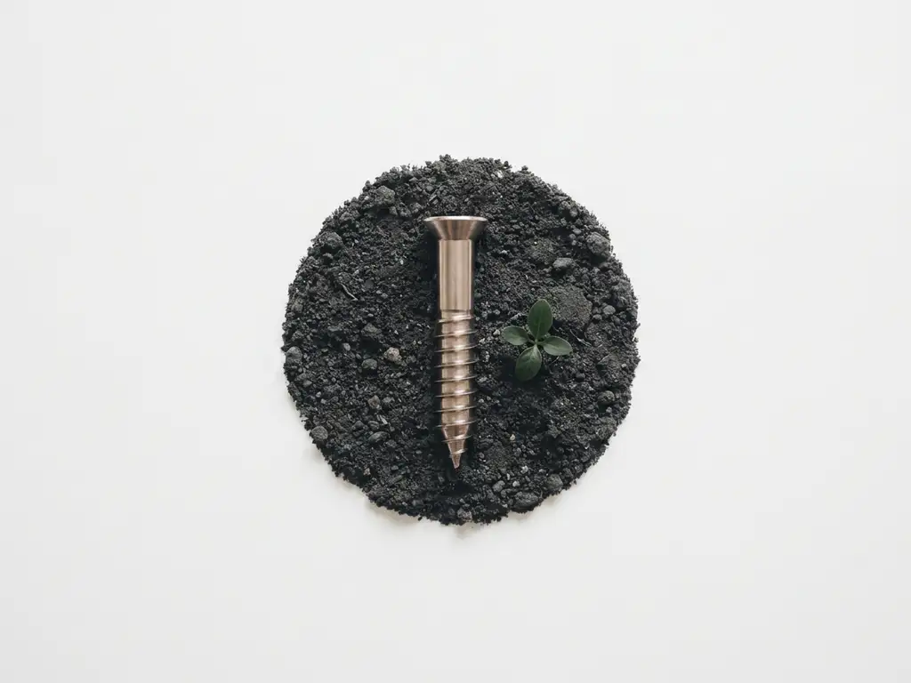 Stalen schroeffundering naast groene zaailing in donkere aarde, bovenaanzicht met minimalistische compositie