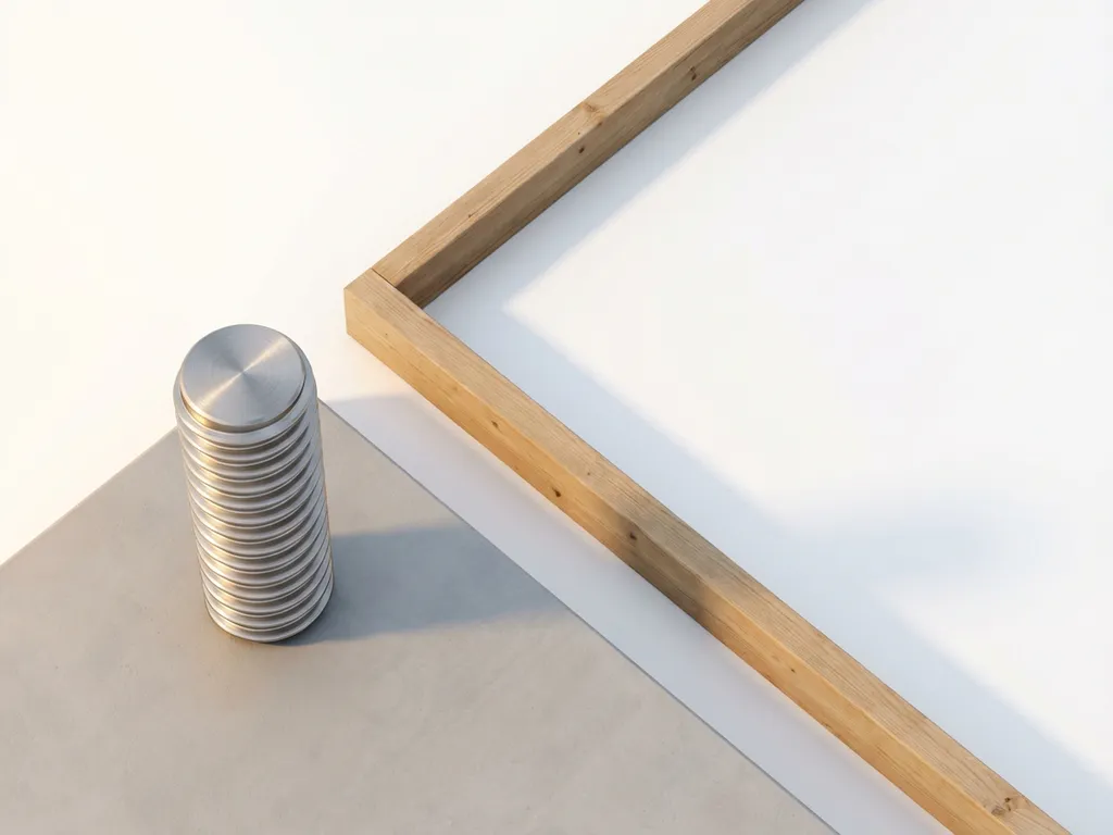 schroeffundering-stalen-paal-betonvloer-houtbouw.jpg Stalen schroeffundatie met spiraalvormige draden naast houten huisframe op betonnen ondergrond, bovenaanzicht