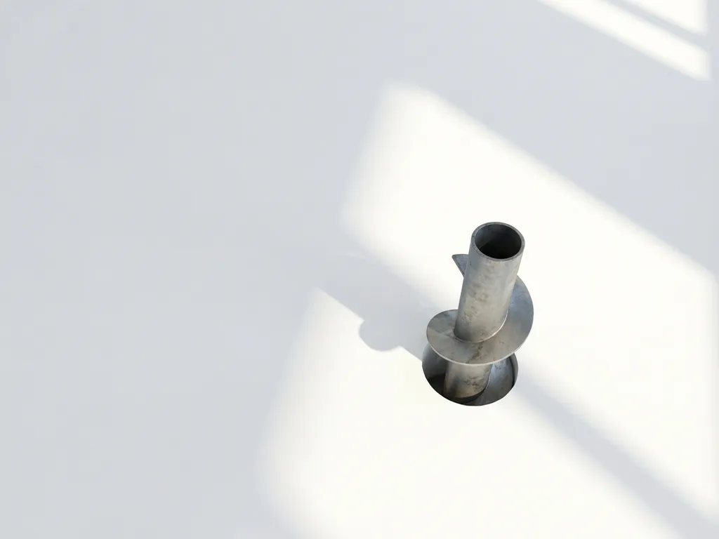 Stalen schroeffundatie met spiraalvormige schroefdraad op witte ondergrond, bovenaanzicht met zachte schaduwen