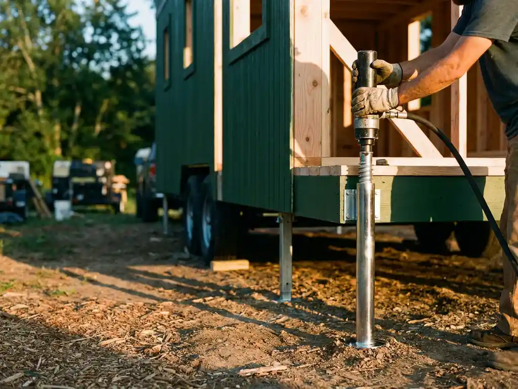 Stalen schroeffundatie wordt geplaatst naast houten tiny house frame door bouwvakker tijdens gouden uur