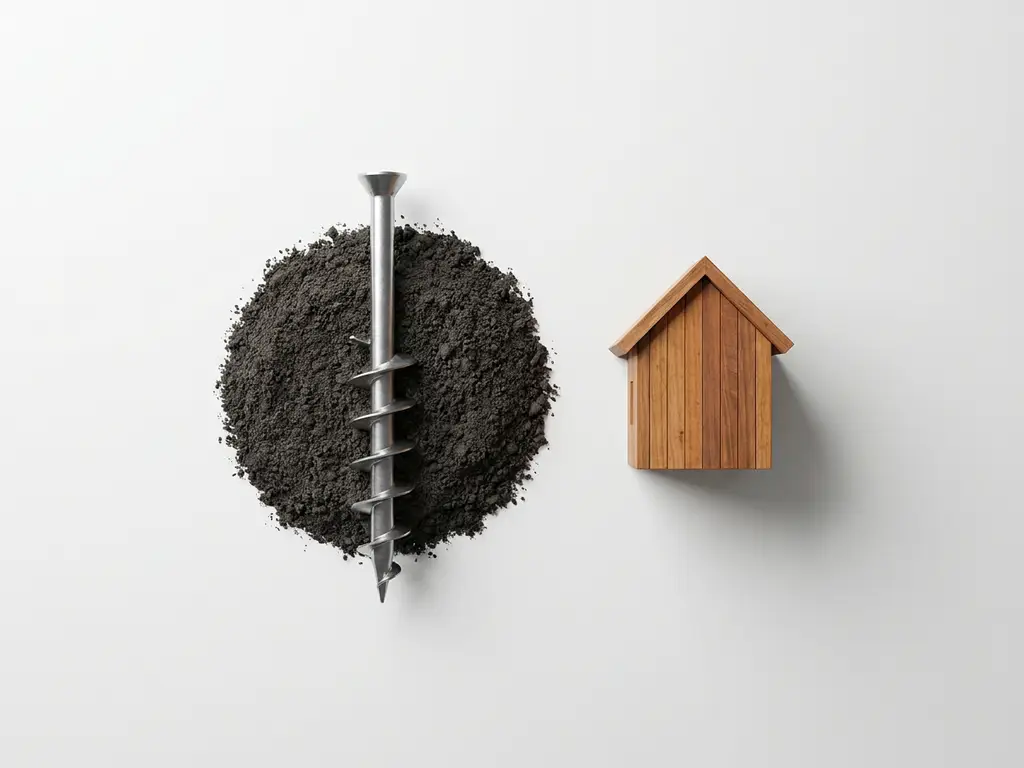 schroeffundering-tiny-house-stalen-paal-installatie.jpg Stalen schroeffundatie met spiraaldraden naast houten tiny house model op witte ondergrond