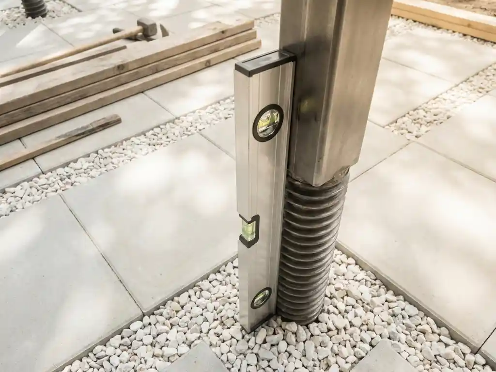 Stalen meetinstrument controleert verticale uitlijning van metalen schroeffundatie in witte grind op betonnen ondergrond