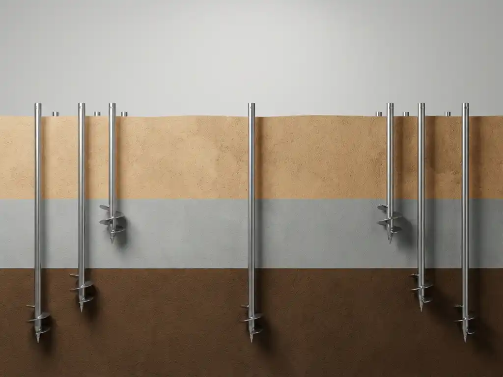 Dwarsdoorsnede van gelaagde aarde met stalen schroeffunderingen die door verschillende bodemlagen spiralen