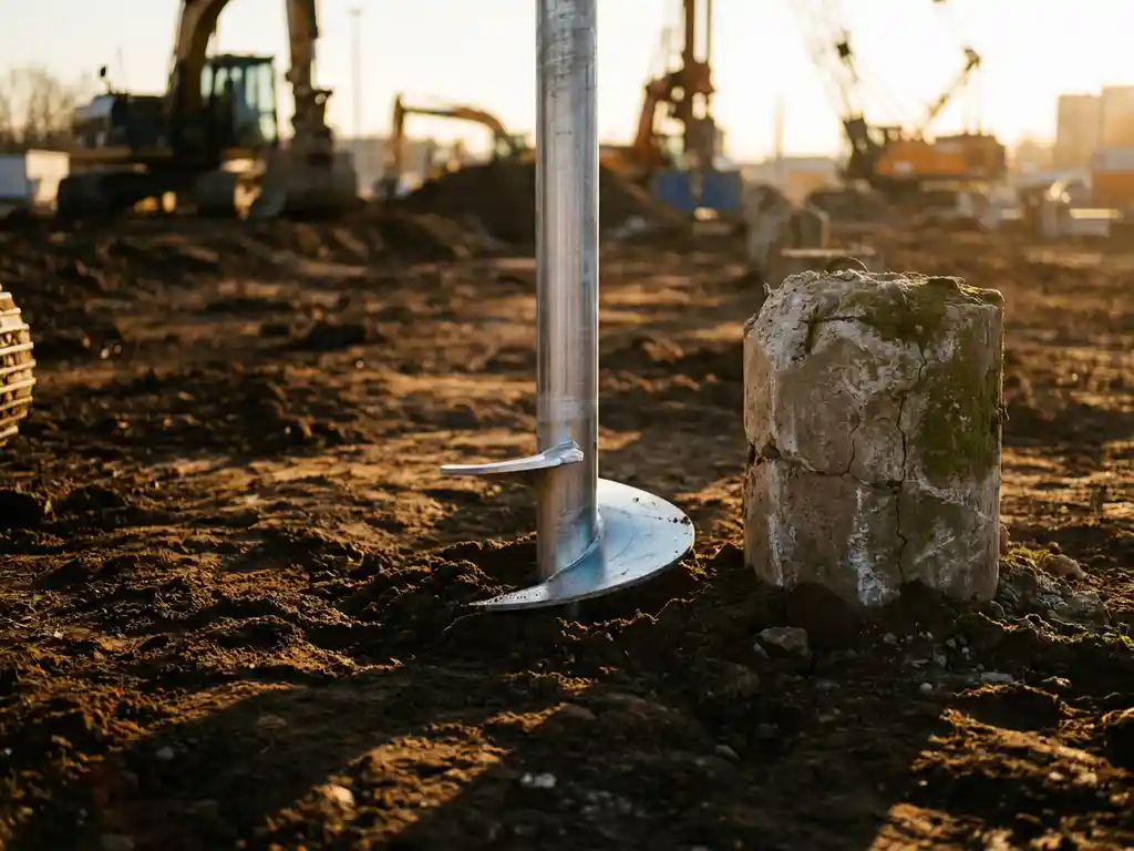 schroefpaal-beton-fundatie-constructie-vergelijking.jpg Stalen schroefpaal wordt in bruine grond gedreven naast betonnen funderingspaal op bouwplaats met gouden zonlicht