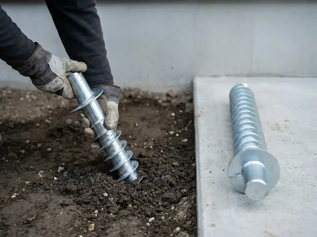 schroefpaal-extractie-gegalvaniseerd-staal-installatie.jpg Gegalvaniseerde stalen schroefpaal wordt uit donkere grond getrokken door gehandschoende handen, met tweede paal klaar voor herinstallatie