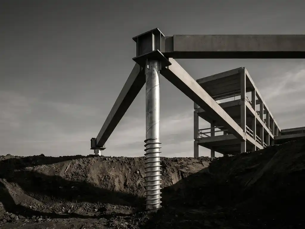 schroefpaal-funderingssysteem-beton-constructie-architectuur.jpg Galvanized stalen schroefpaal fundatie met spiraaldraden in donkere aarde, betonnen balken horizontaal uitstrekkend
