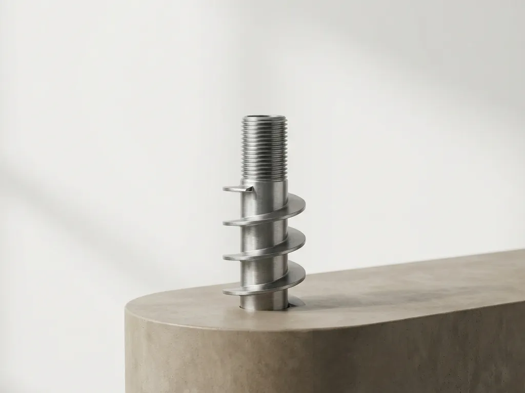 Stalen schroeffundatie paal met spiraalvormige draden op betonnen ondergrond tegen witte achtergrond