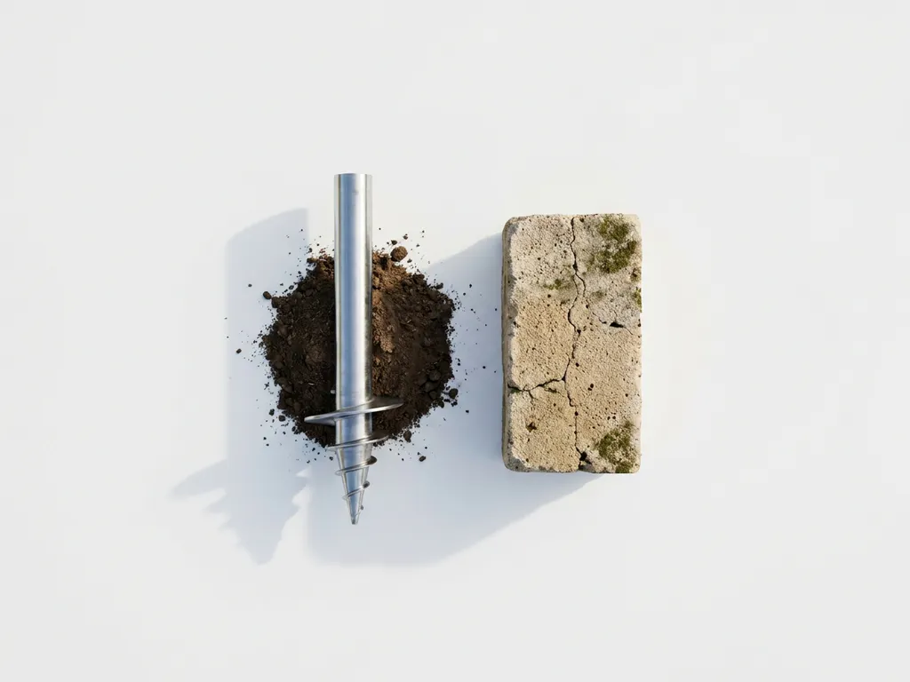 Stalen schroeffundatiepaal naast verweerde betonnen funderingsblok op witte ondergrond, minimalistische compositie