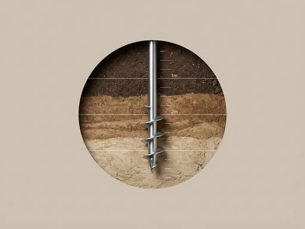 Stalen schroeffundering gedraaid in gelaagde bruine grond, bovenaanzicht met dieptemetingen en geometrische lijnen