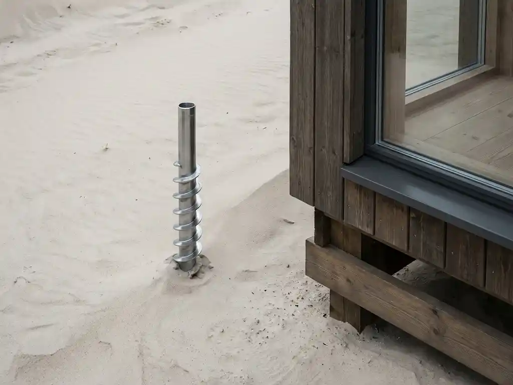 Stalen schroefpaal naast moderne houten recreatiecabine op zandige ondergrond, spiraaldraden in natuurlijk licht