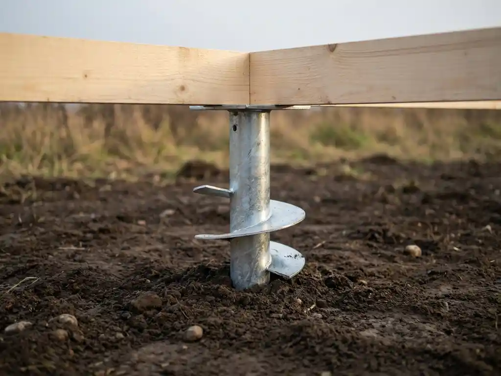 schroeffundering-terras-staal-grondanker-constructie.jpg Stalen schroeffundatie met spiraaldraden in bruine aarde, ondersteunt houten terrasframe van bovenaf gefotografeerd