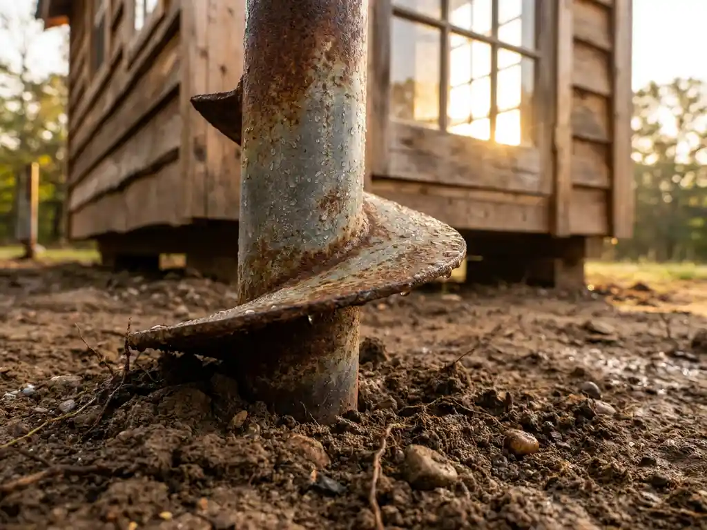 schroeffundering-tiny-house-stalen-grondanker-fundering.jpg Gegalvaniseerde stalen schroeffundering met patina steekt uit donkere aarde onder houten tiny house