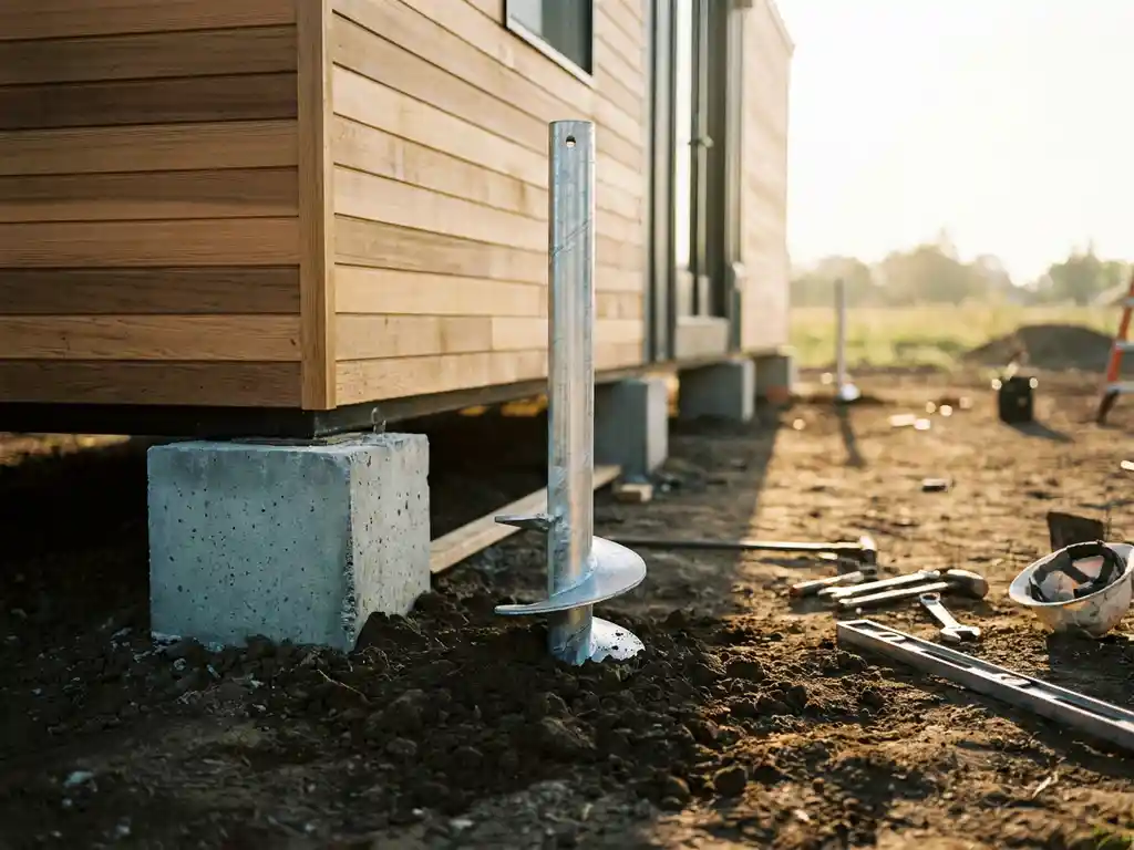 Stalen schroeffundatie wordt geïnstalleerd naast betonnen fundatieblok voor tiny house met houten gevelbekleding