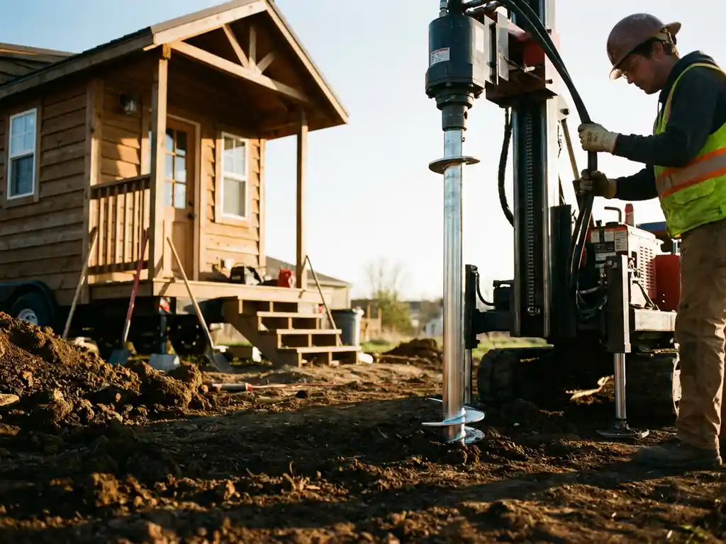 Stalen schroeffundatiepaal wordt geïnstalleerd naast houten tiny house door bouwvakker met booruitrusting