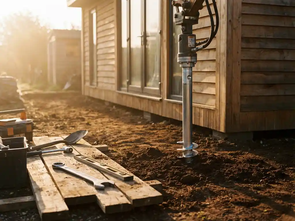 schroefpaal-fundering-tuinkamer-installatie-constructie.jpg Stalen schroeffunderingspaal wordt in bruine grond gedraaid naast houten tuinkamer, gereedschap op verweerde planken