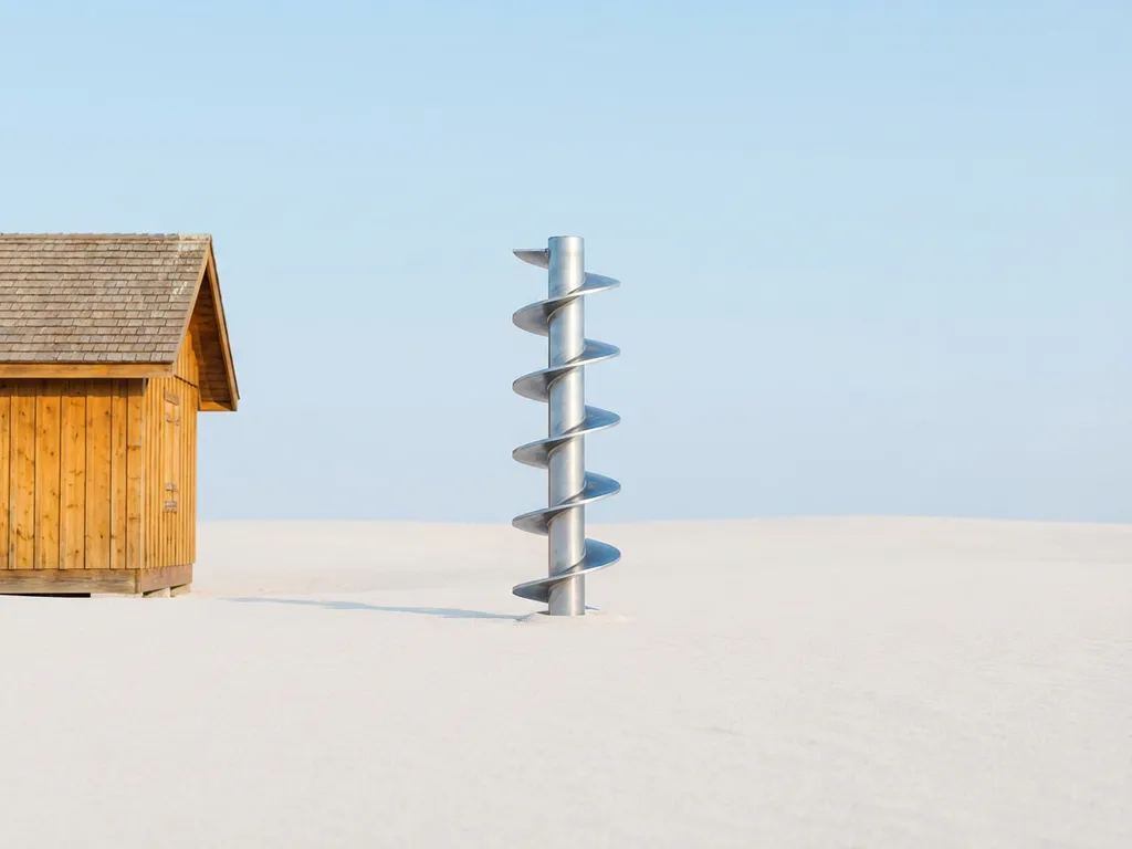 Stalen schroefpaalfundering in wit zand naast houten vakantiehuis, spiraalvormige metalen schacht in natuurlijk licht