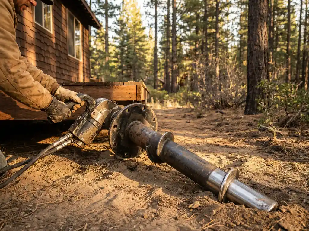 schroefpaal-fundatie-verwijdering-vakantiehuisje-hergebruik.jpg Bouwvakker verwijdert stalen schroefpaalfundering uit zandige grond onder houten vakantiehuis met hydraulisch gereedschap