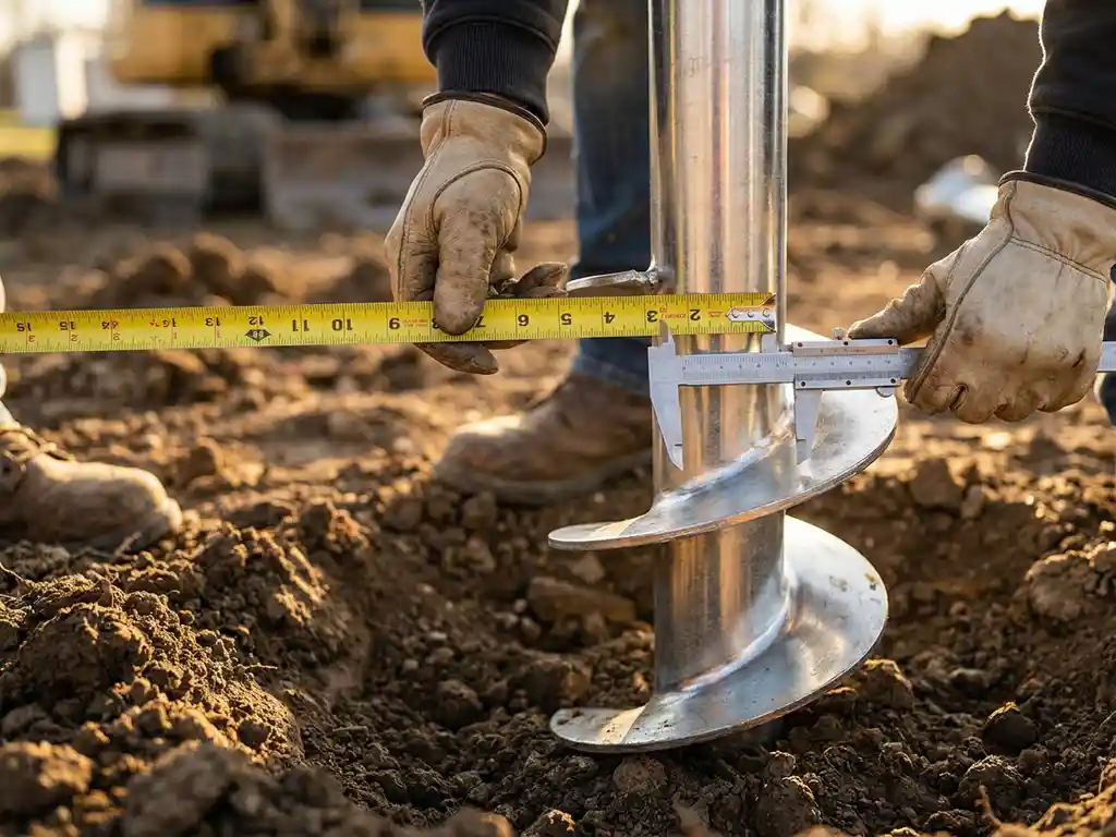 schroefpaal-fundatie-meting-constructie-staal.jpg Stalen schroefpaalfundering wordt nauwkeurig opgemeten met gele meetlint door bouwvakker in uitgegraven bruine grond