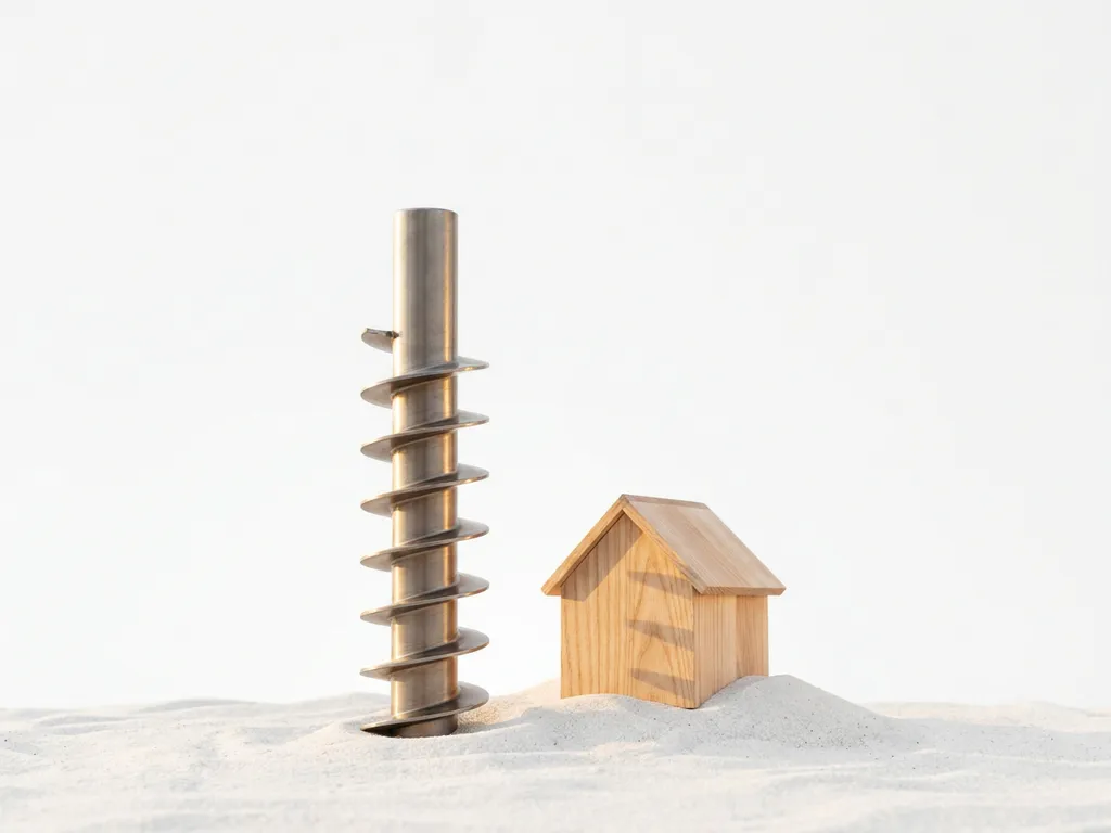 schroeffundering-tiny-house-staalfundering-helixpaal.jpg Stalen schroeffundatiepaal met spiraalvormige schroefdraad naast houten tiny house model op wit zand