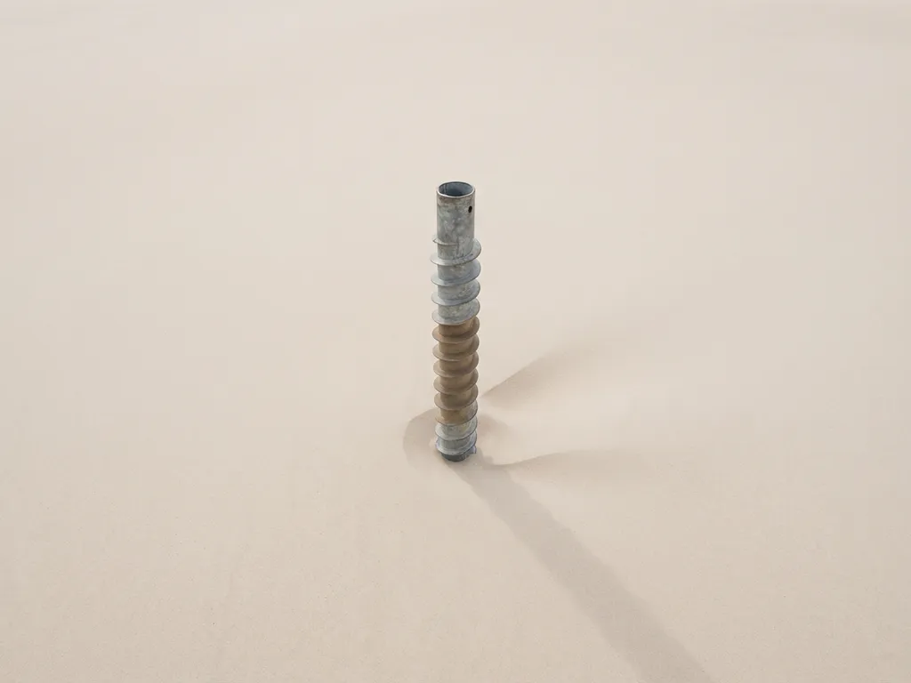 Gegalvaniseerde stalen schroefpaal in wit zand met helixvormige schroefdraad en geometrische schaduwen, minimalistisch bovenaanzicht