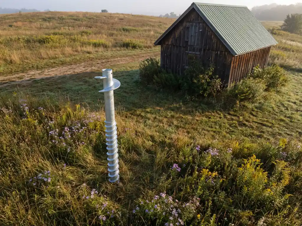 Stalen schroefpaal naast houten hut in ongestoord grasland met wilde bloemen, minimale milieuimpact