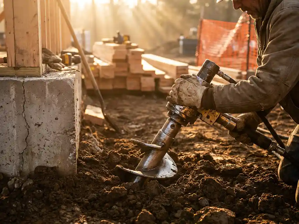 schroefpaal-installatie-betonnen-fundering-constructie.jpg Stalen schroefpaal wordt geïnstalleerd naast betonnen funderingspaal door bouwvakker met booruitrusting op bouwplaats
