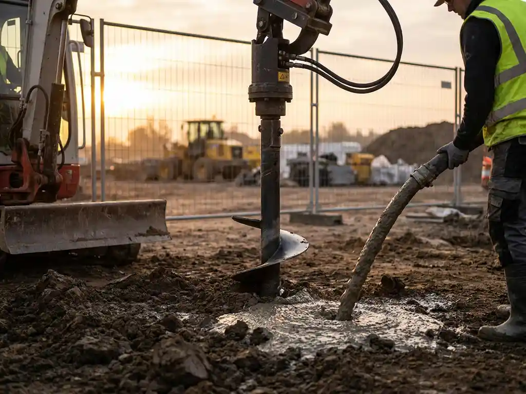 schroefpaal-installatie-beton-fundering-constructie.jpg Stalen schroefpaal wordt geïnstalleerd in bruine aarde terwijl beton rond de basis wordt gegoten op bouwplaats