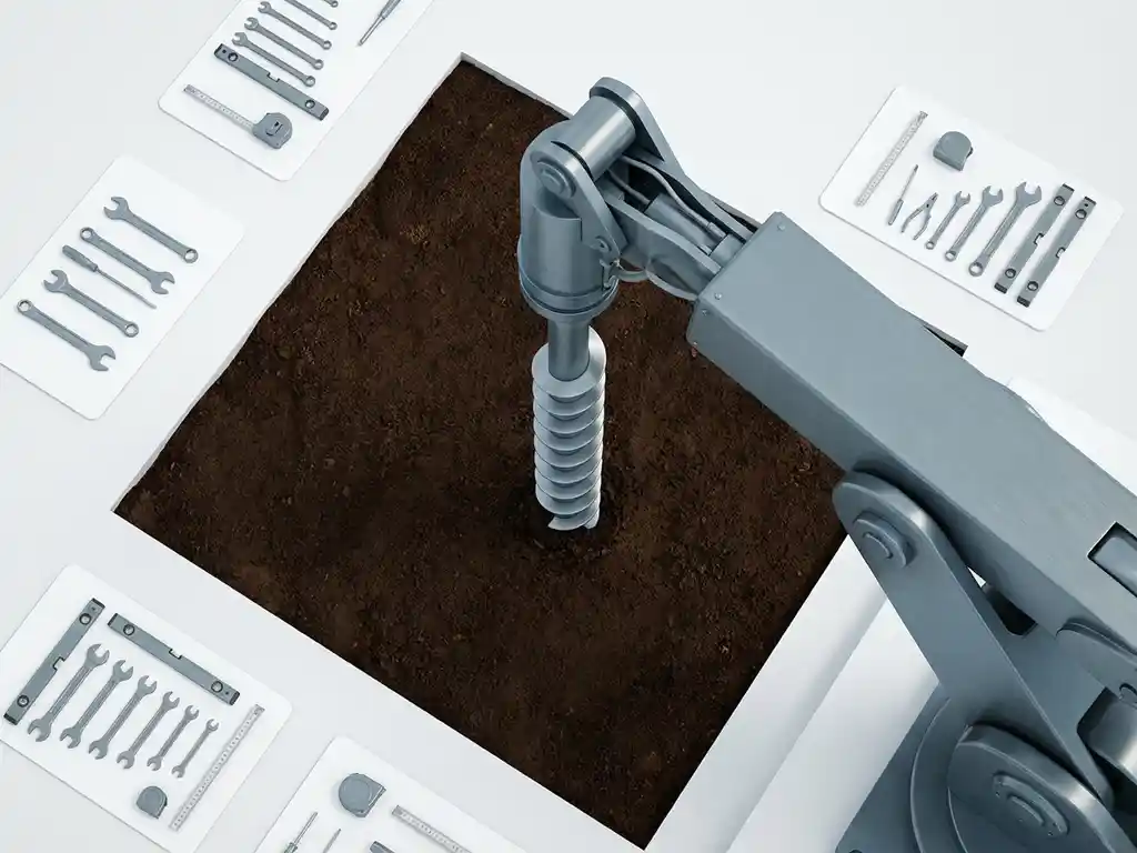 Stalen schroeffundering wordt geïnstalleerd in bruine aarde door boormachine, geometrische schroefdraad zichtbaar