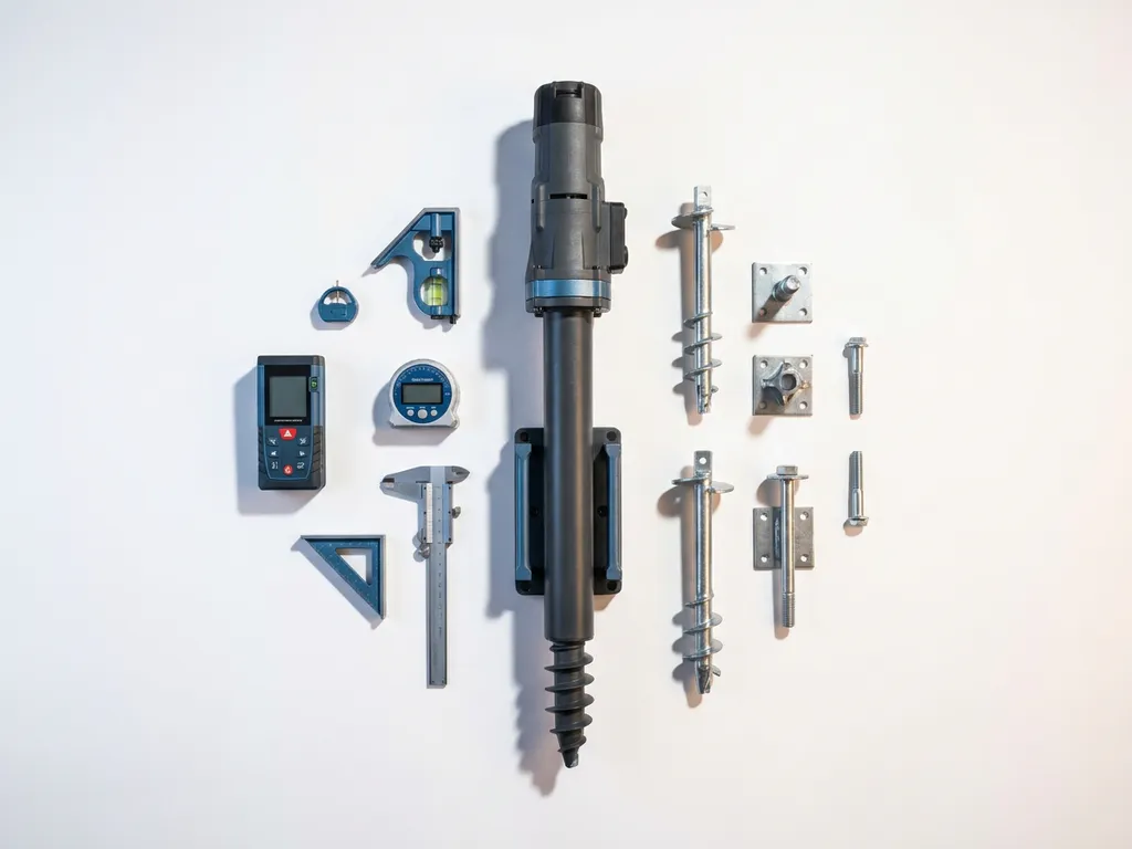 schroefpaal-installatie-gereedschap-professioneel.jpg Gemotoriseerde schroefpaal installatiegereedschappen en precisie-meetinstrumenten geometrisch gerangschikt op witte ondergrond