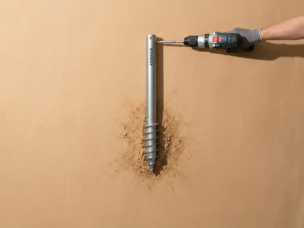 schroefpaal-installatie-grond-fundering-drill.jpg Krinner schroefpaal wordt met draadloze boormachine in zandige grond gedraaid, bovenaanzicht met zachte natuurlijke belichting