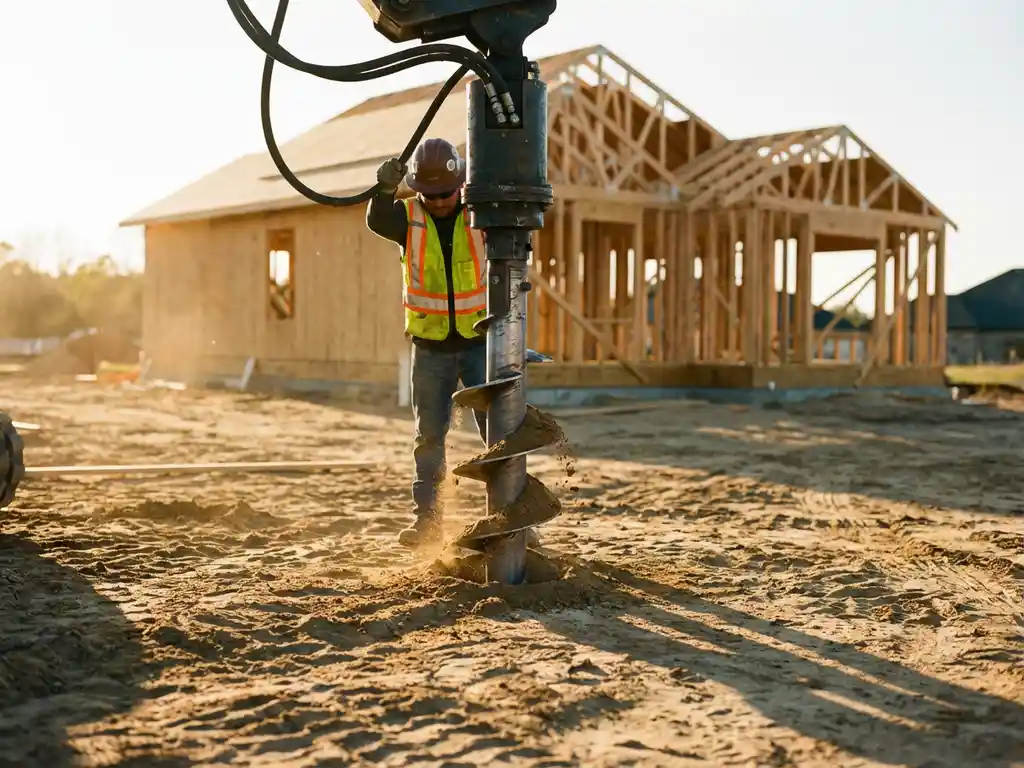 schroefpaal-installatie-funderingswerk-bouwplaats-heien.jpg Bouwvakker bedient schroefpaal boormachine voor installatie van stalen helix fundatie in zandgrond naast vakantiehuisframe
