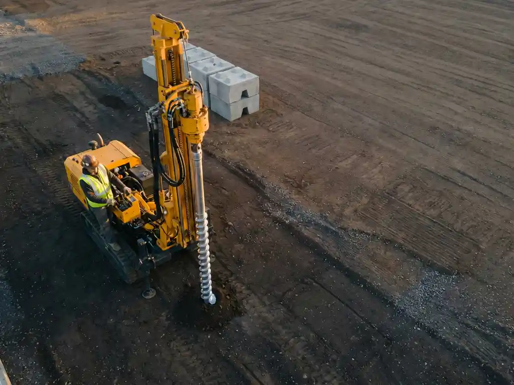 Bouwvakker bedient gele hydraulische boormachine om stalen schroefpaal in grond te installeren op bouwplaats