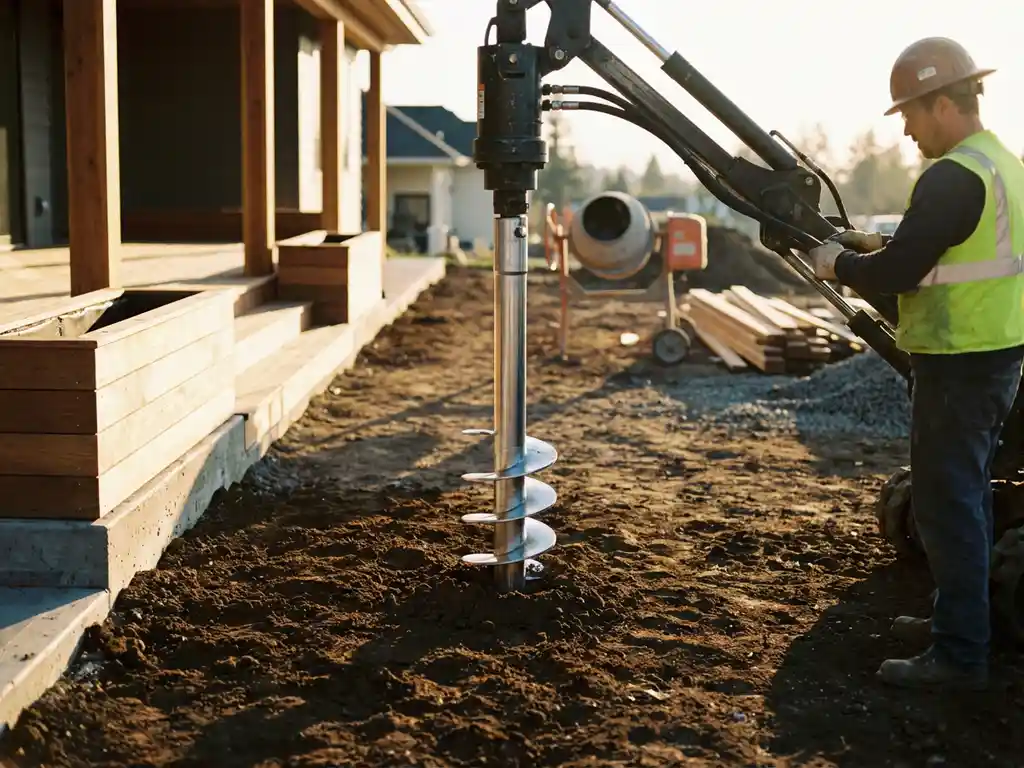 Stalen schroeffundering wordt geïnstalleerd in bruine grond naast modern terras, bouwvakker bedient booruitrusting