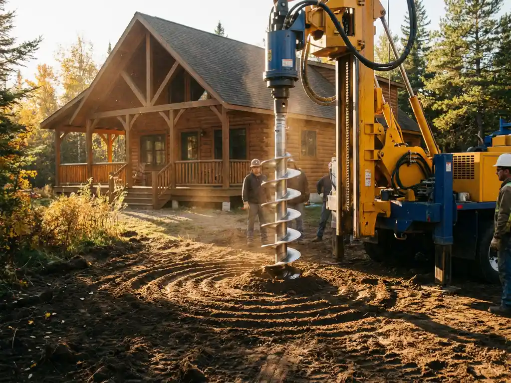 schroeffundering-installatie-vakantiewoning-grondwerk.jpg Stalen schroeffundatie wordt geïnstalleerd naast houten vakantiehuis met booruitrusting in bruine aarde