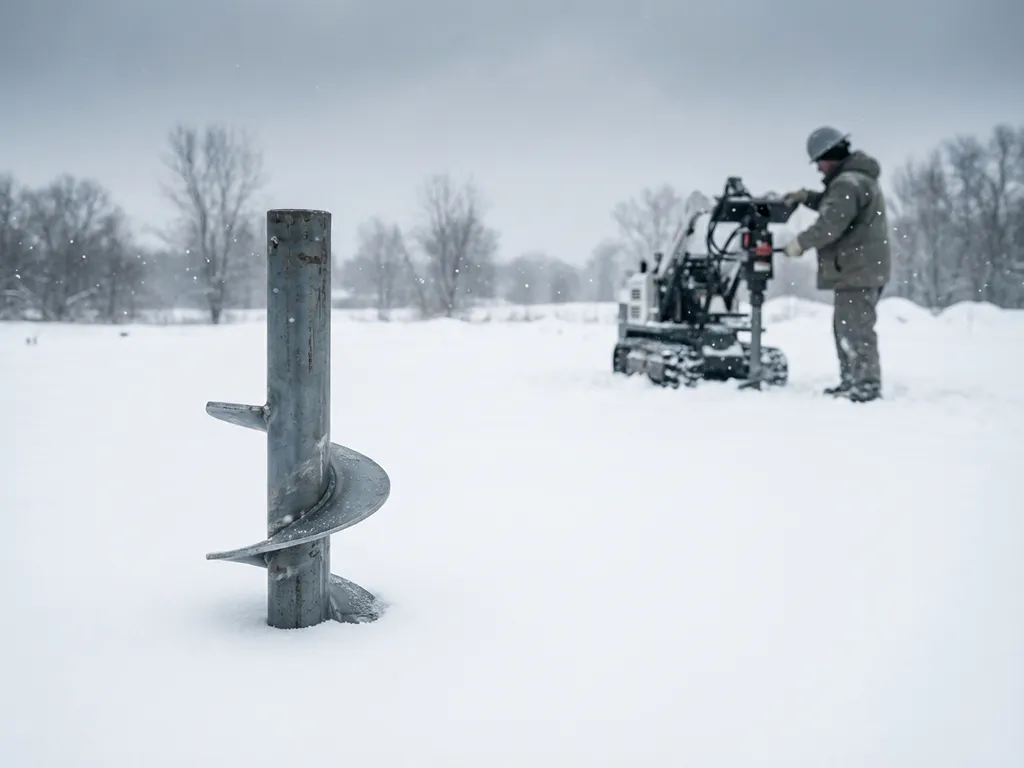Stalen schroefpaal met helicoïdale spiraal in besneeuwde grond, bouwvakker installeert uitrusting op winterse bouwplaats