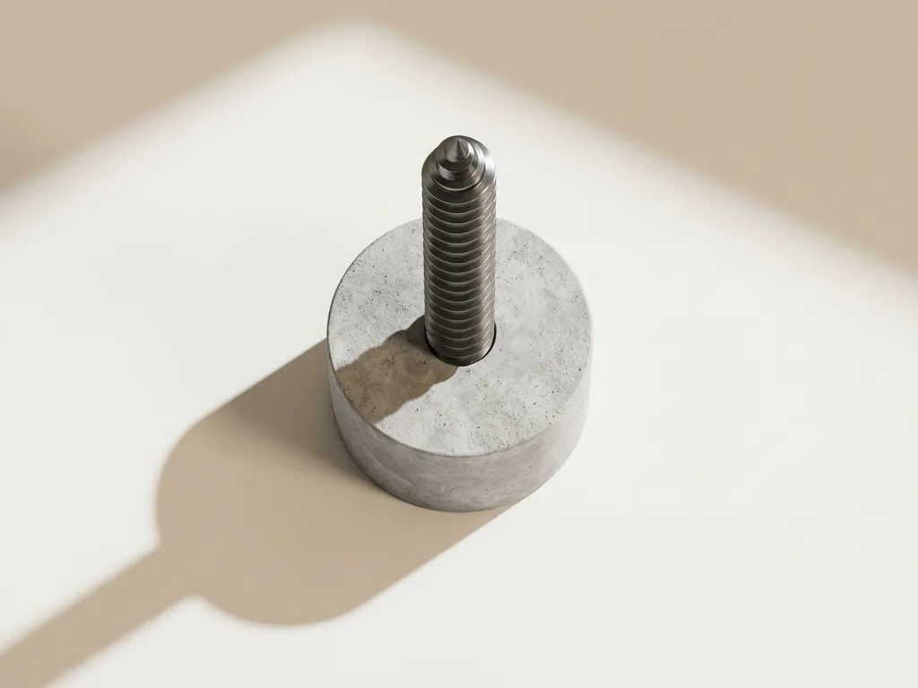 Stalen schroefpaalfundering met spiraalvormige schroefdraad op betonnen ondergrond, bovenaanzicht met geometrische schaduwen