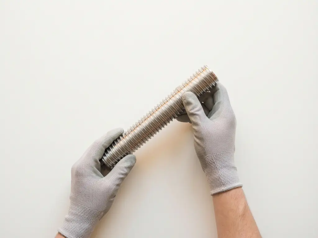 Handen onderzoeken stalen schroeffunderingspaal met geometrische schroefdraad op witte ondergrond, bovenaanzicht