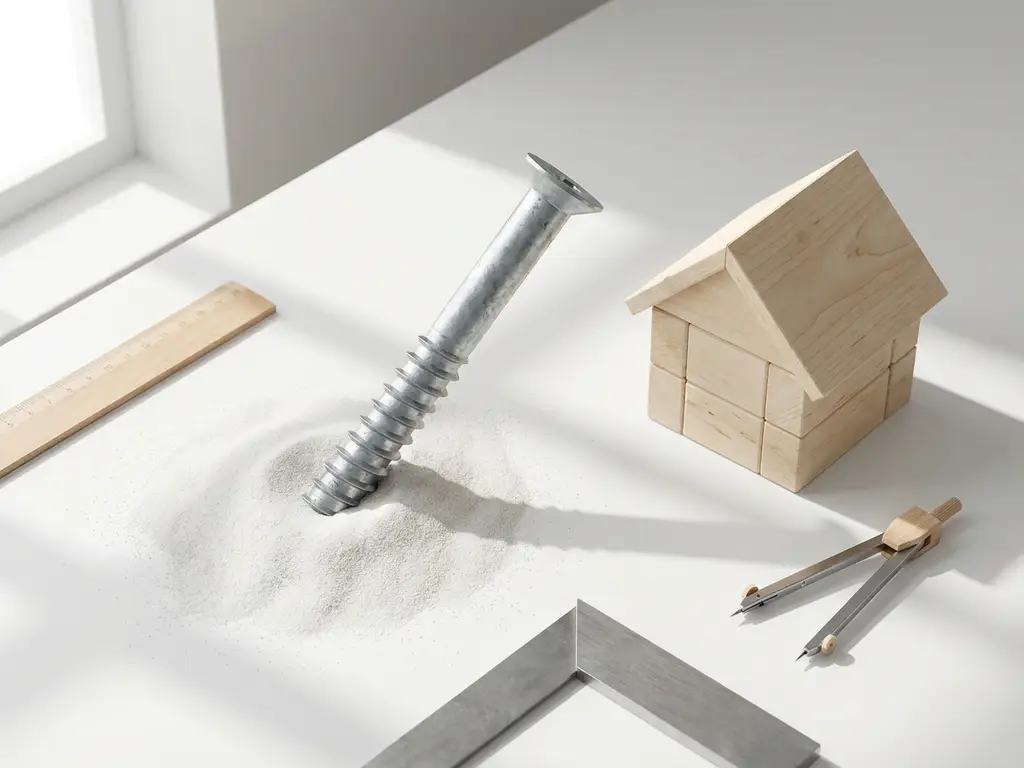 Gegalvaniseerde schroefpaal met spiraaldraden naast houten hutmodel en meetgereedschap op witte ondergrond