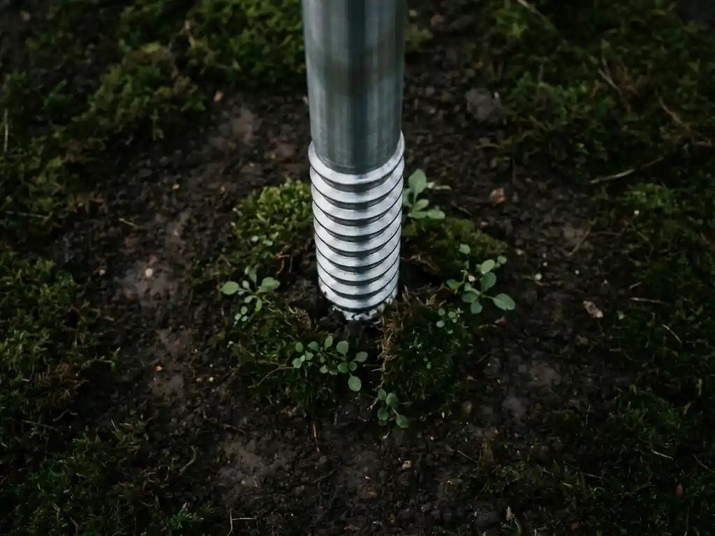 schroefpaal-staal-grond-installatie-fundering.jpg Stalen schroefpaal met spiraalvormige draden in donkere aarde, omringd door groen mos en kleine plantjes