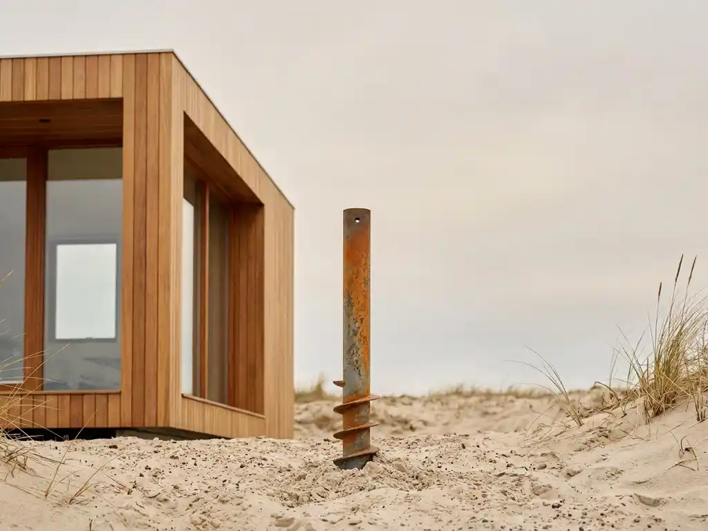 Verweerde stalen schroefpaal naast moderne houten vakantiecabin op zandige grond, zachte overcast belichting