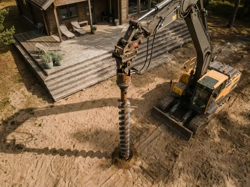 schroefpaal-extractie-hergebruik-vakantiewoning.jpg Stalen schroefpaal wordt door gespecialiseerde graafmachine uit zandige grond getrokken bij vakantiehuis aan meer