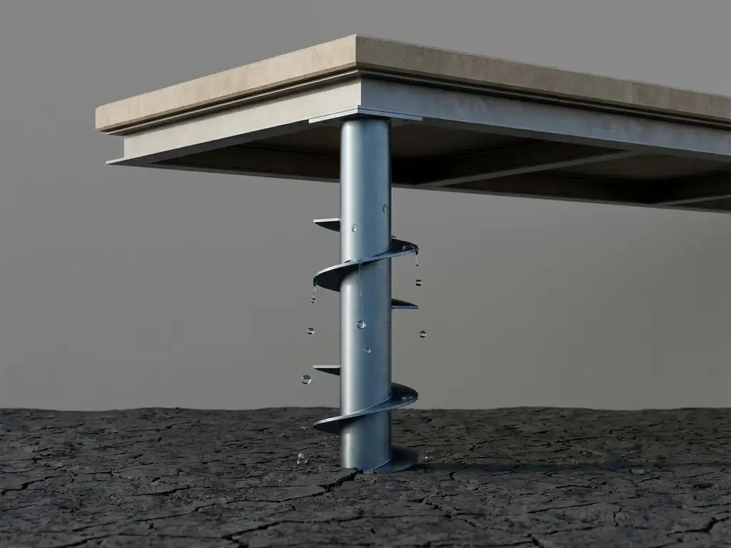 Stalen schroefpaalfundering in droge grond met waterdruppels die van het metalen oppervlak afrollen, geometrische terrasstructuur erboven