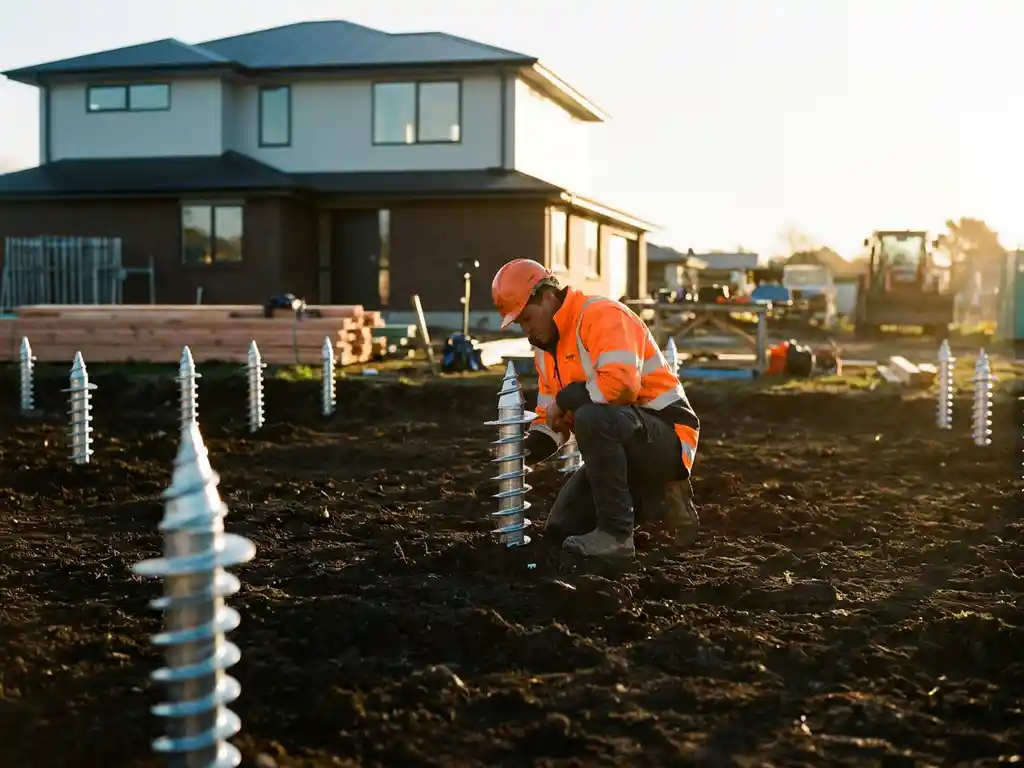 schroefpalen-fundatie-installatie-bouwplaats-werker.jpg Moderne huisfundering met stalen schroefpalen diep verankerd in bruine aarde, bouwvakker in veiligheidsjasje inspecteert installatie
