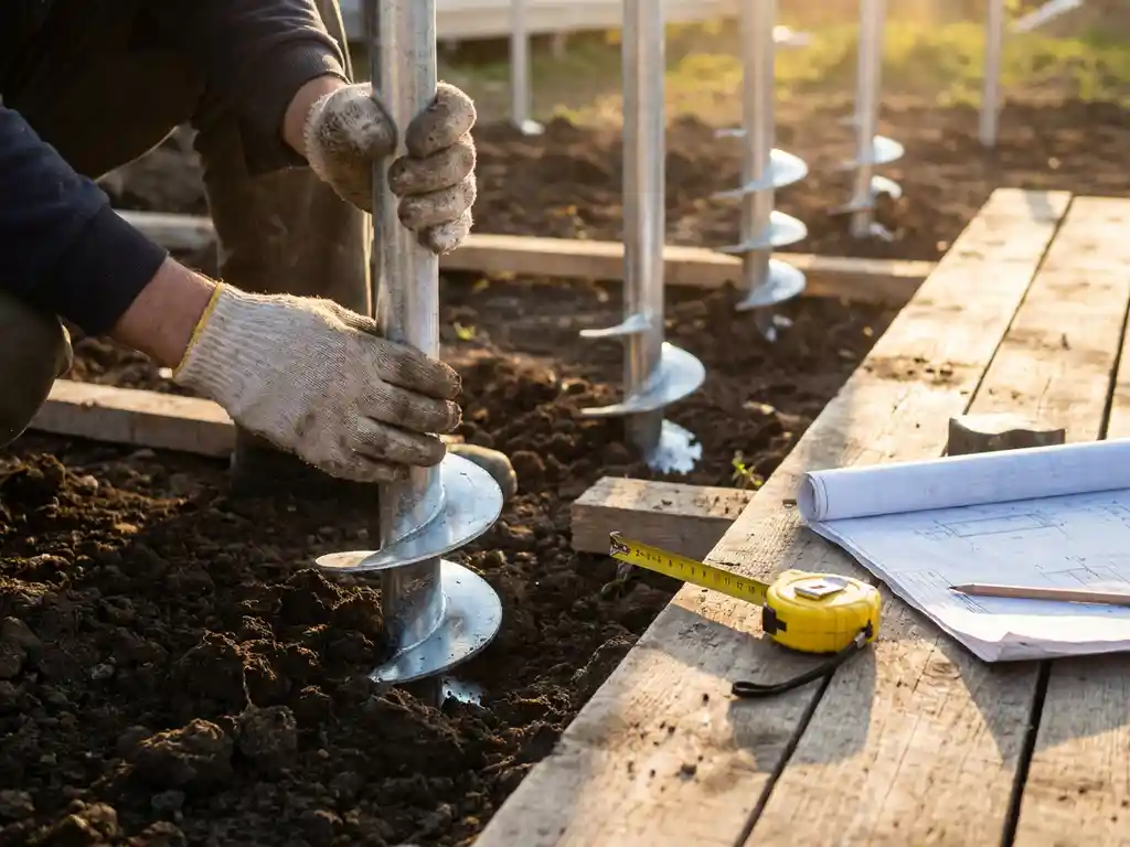 schroefpalen-installatie-fundatie-bouwplaats-grondwerk.jpg Bouwvakker plaatst stalen schroefpalen in bruine grond op woonbouwlocatie met meetlint en bouwplannen op houten planken