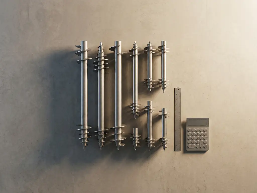 schroefpalen-meetinstrumenten-beton-constructie-materialen.jpg Metalen schroefpalen in verschillende hoogtes op betonnen ondergrond met meetinstrumenten en geometrische schaduwen