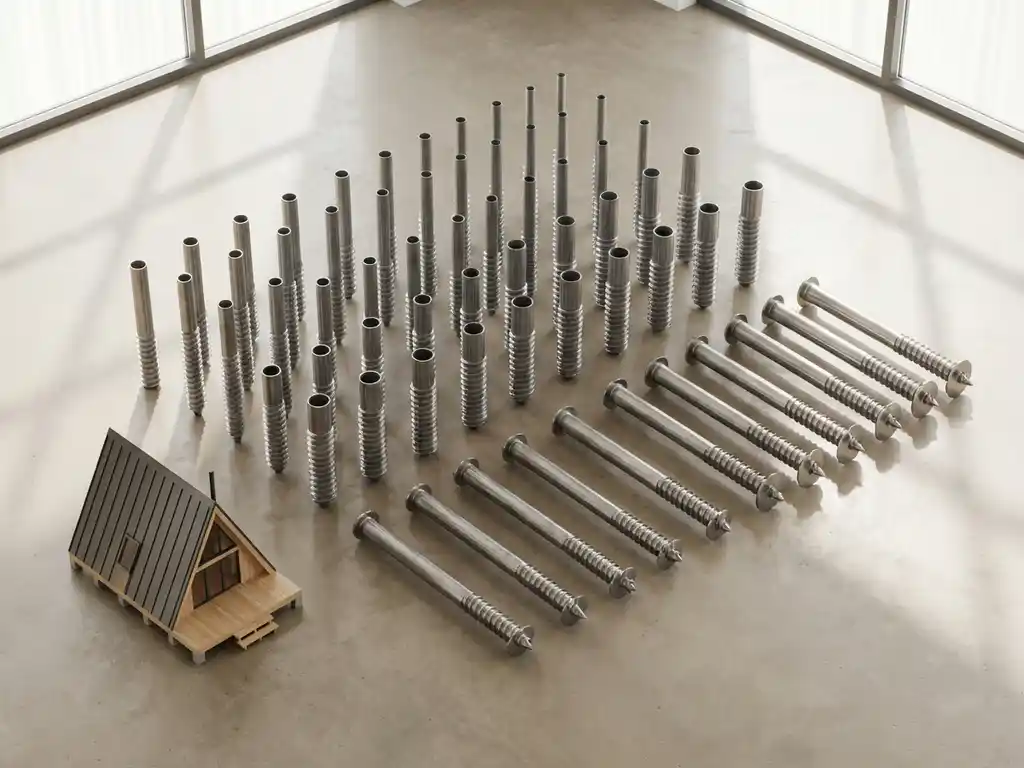 schroefpalen-staal-fundering-vakantiehuis-bouw.jpg Stalen schroefpalen in verschillende diameters gerangschikt op betonnen oppervlak naast miniatuur vakantiehuis model