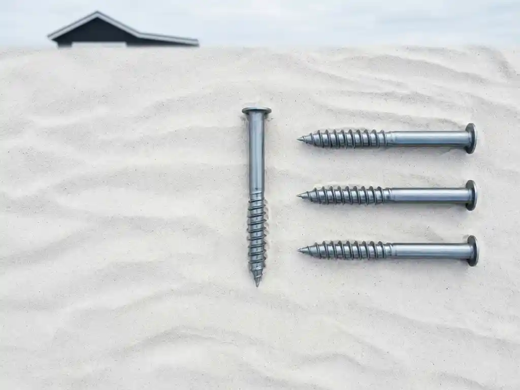 Metalen schroefpalen in geometrische formatie op wit zand, spiraaldraden vangen zacht licht, strandhuissilhouet op achtergrond