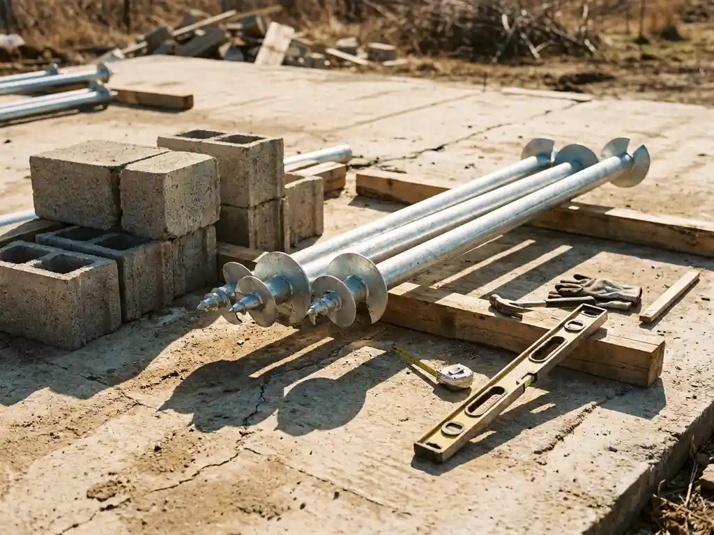 terras-fundering-materialen-beton-staal.jpg Funderingsmaterialen voor terrasoverkapping op verweerde betonvloer met gegalvaniseerde schroefpalen, betonblokken en houten balken