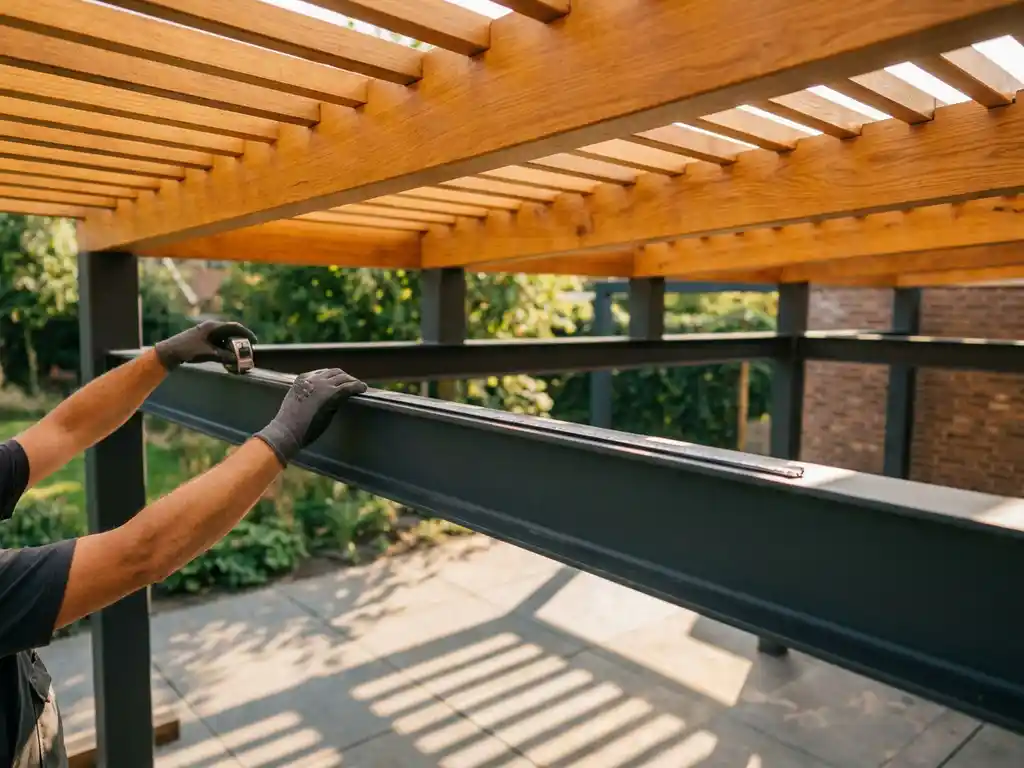 terras-overkapping-hout-staal-meten.jpg Houten terrasoverkapping met stalen balken wordt opgemeten door bouwvakker, zonlicht creëert schaduwpatronen op betonnen patio