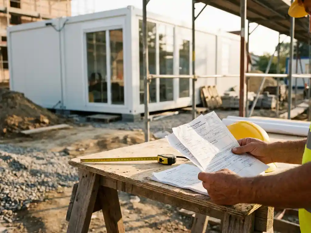 tijdelijke-huisvesting-vergunningen-bouwplaats-eenheid.jpg Witte tijdelijke woonunit op bouwplaats met vergunningsdocumenten, gele helm en meetlint op houten tafel in voorgrond